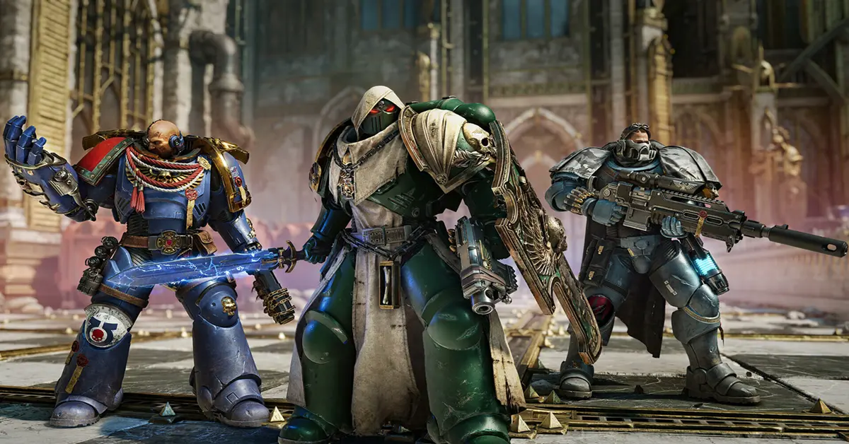 Une escouade de trois Space Marines tenant la ligne face aux forces extraterrestres