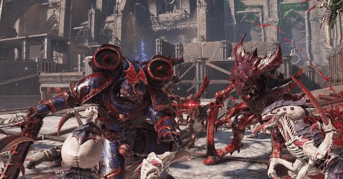 Un Astartes Hérétique du Chaos affrontant des Tyranides dans le mode Siège JcE de Space Marine 2