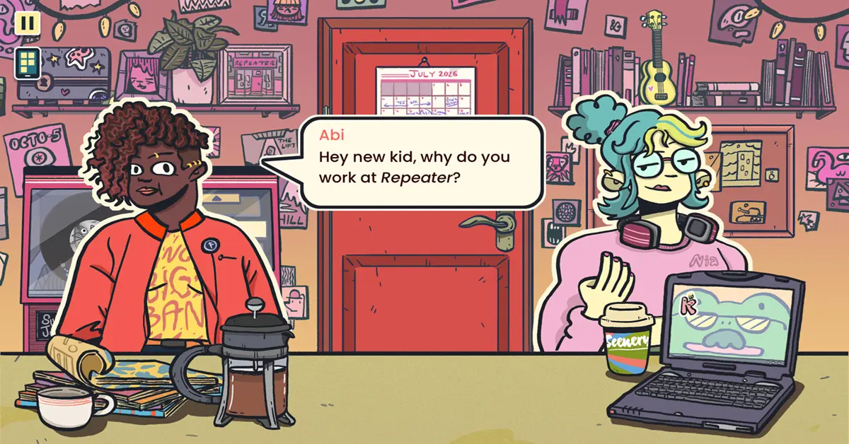 Comptoir de disquaire dessiné à la main dans le jeu Wax Heads, montrant des albums colorés et des clients excentriques.
