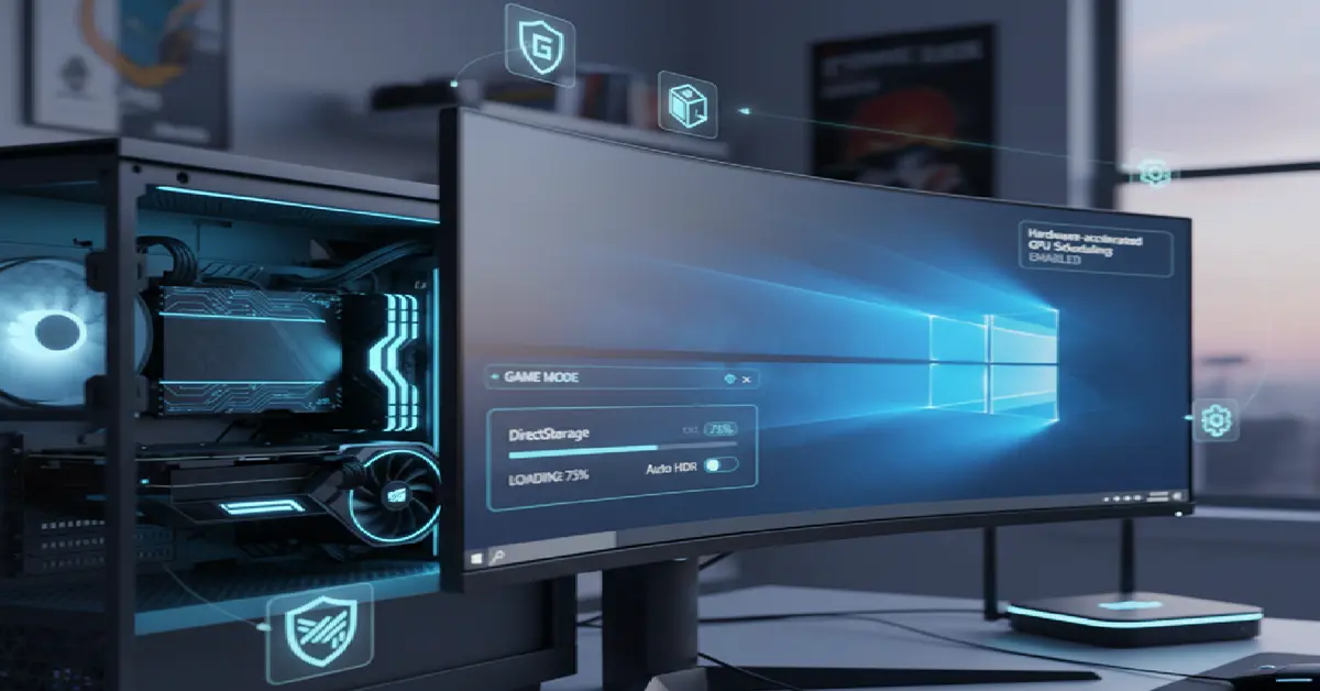 Dashboard gaming Windows 11 Pro mettant en avant les temps de chargement NVMe DirectStorage et les réglages Auto HDR
