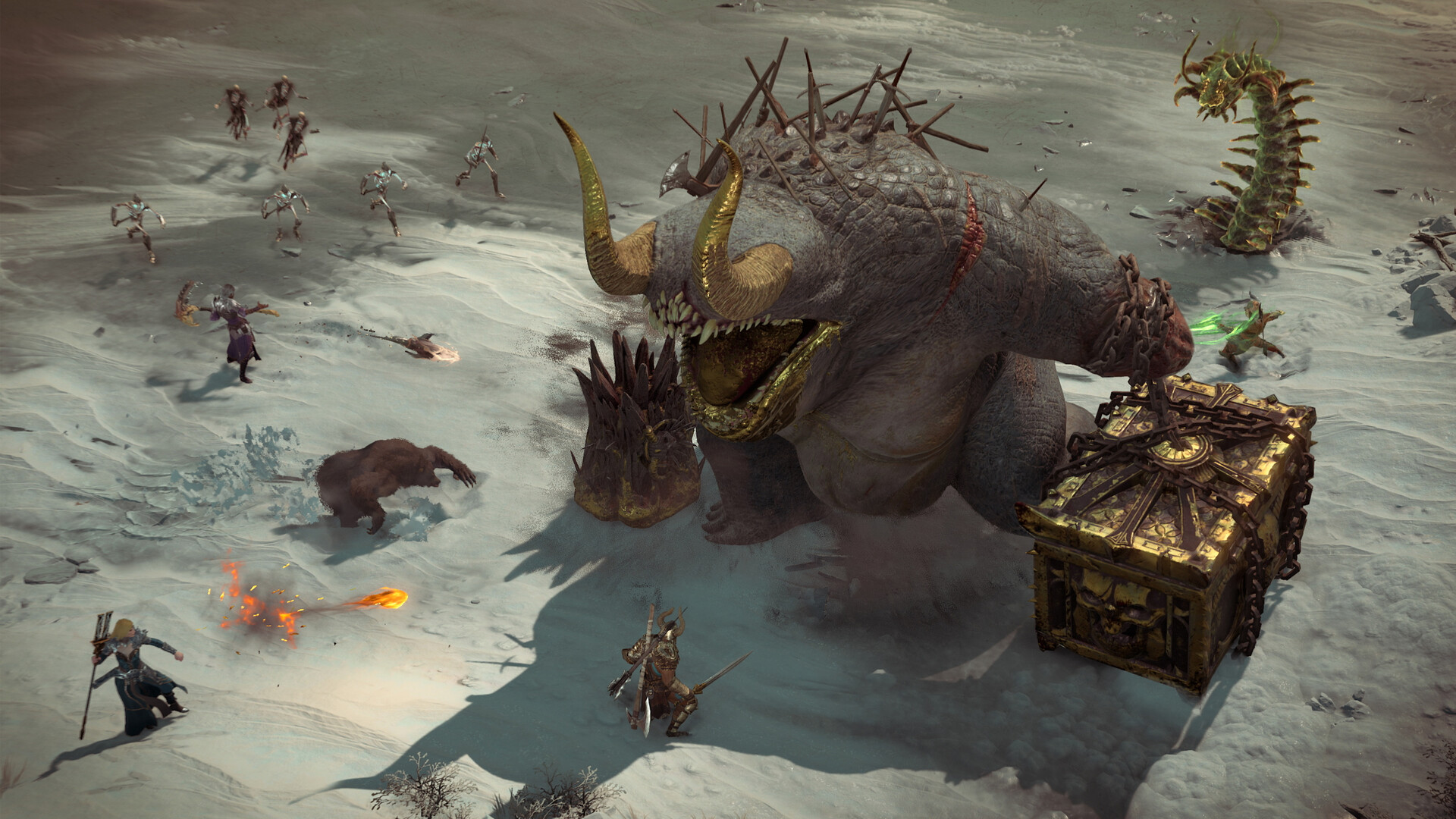Scène de combat Diablo IV avec un héros combattant des ennemis démoniaques