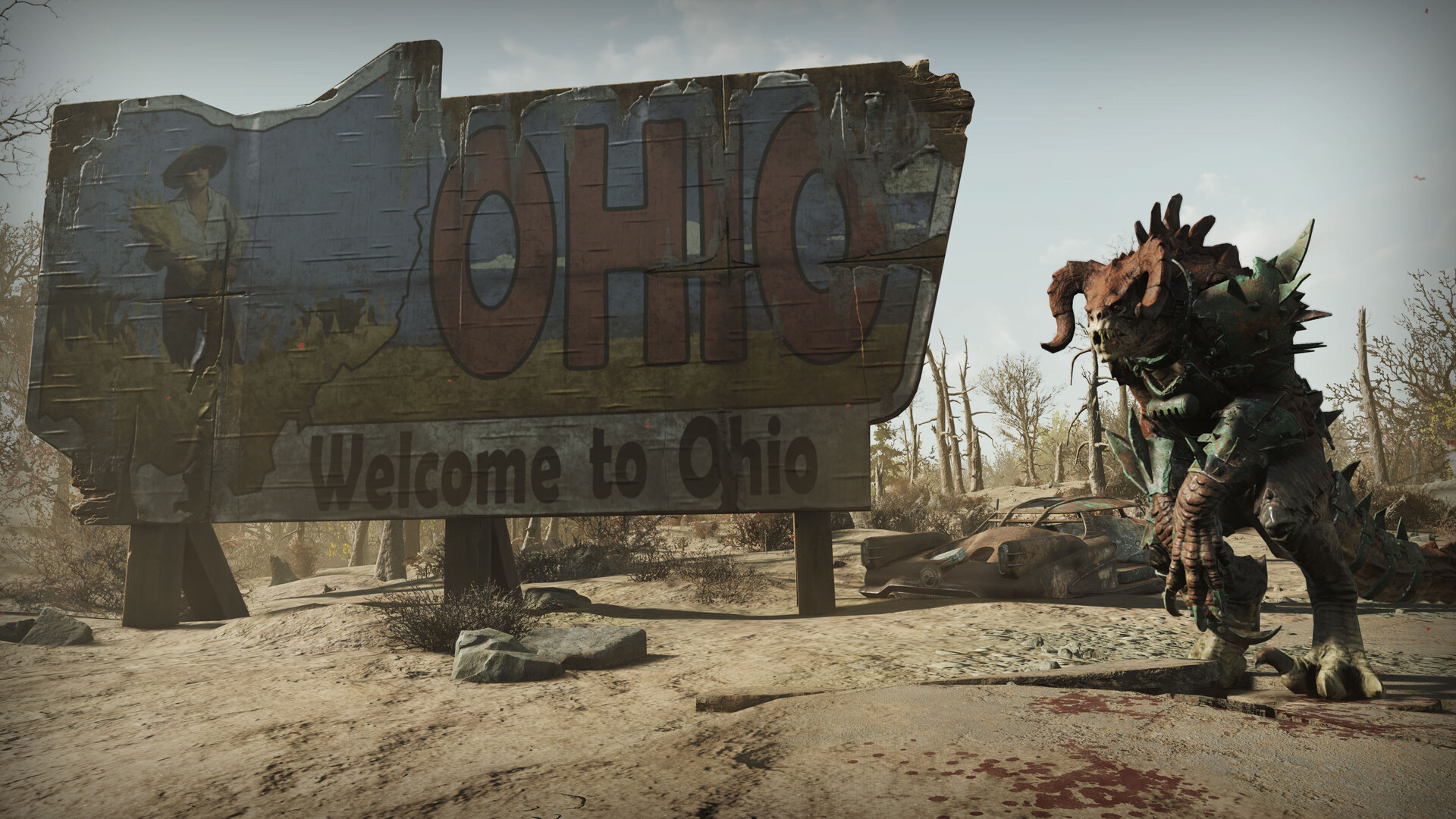 Paysage Fallout 76 Skyline Valley avec terres désolées orageuses