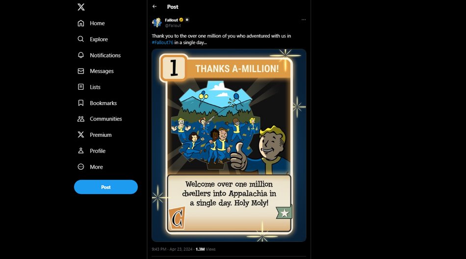 Plus de 1 million de joueurs en une seule journée sur Fallout 76 via Twitter