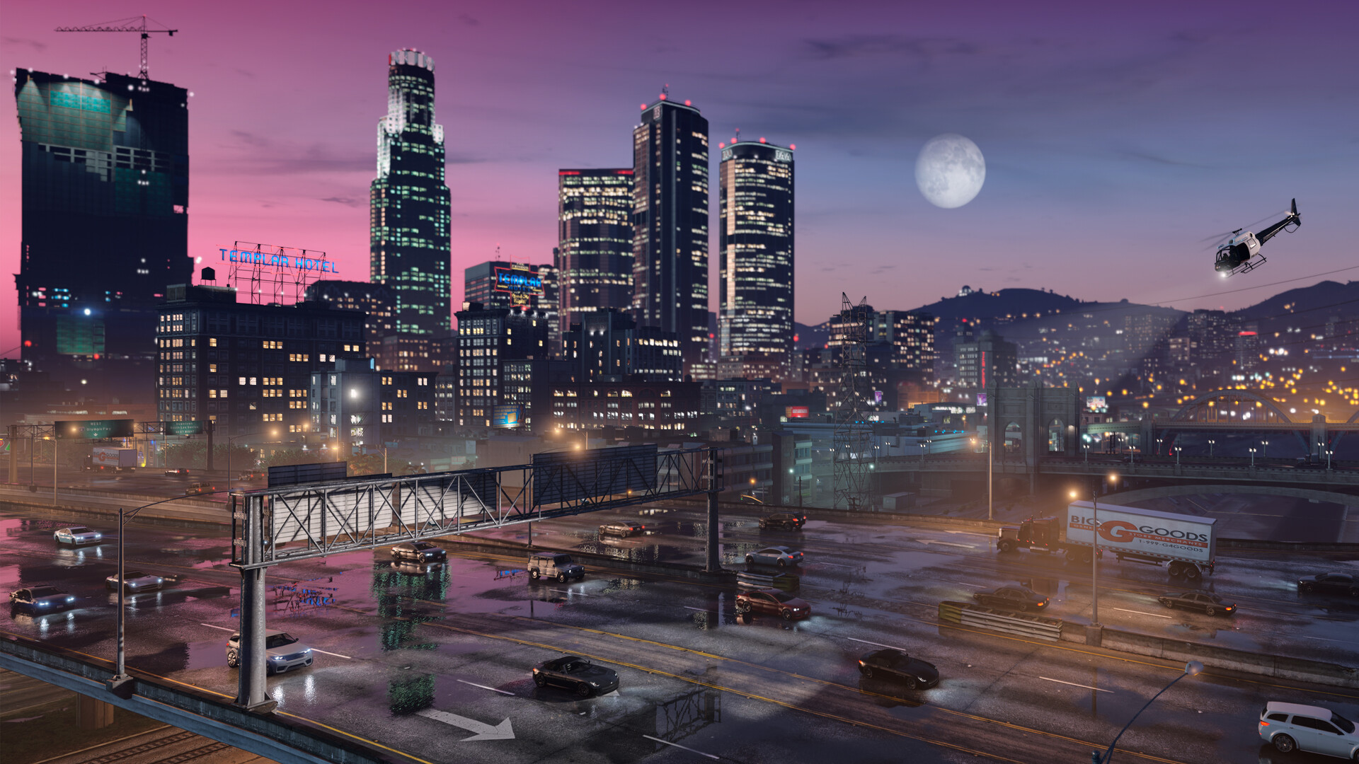 Scène de rue Grand Theft Auto V Enhanced avec voitures et lumières de ville