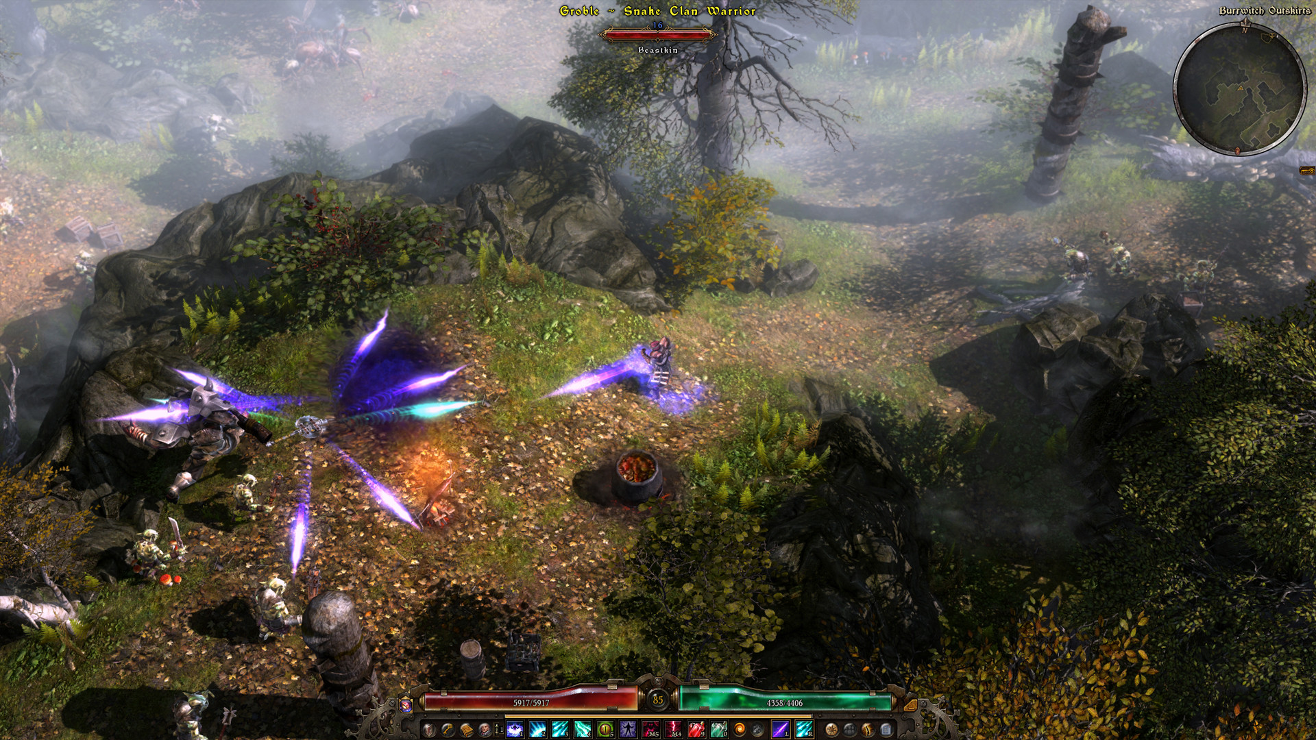 Scène de combat Grim Dawn montrant des ennemis ARPG fantasy sombre