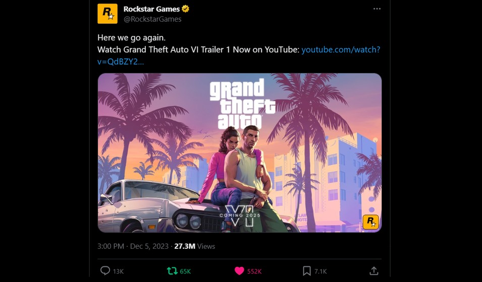 Record tweet on Twitter/X of GTA VI trailer