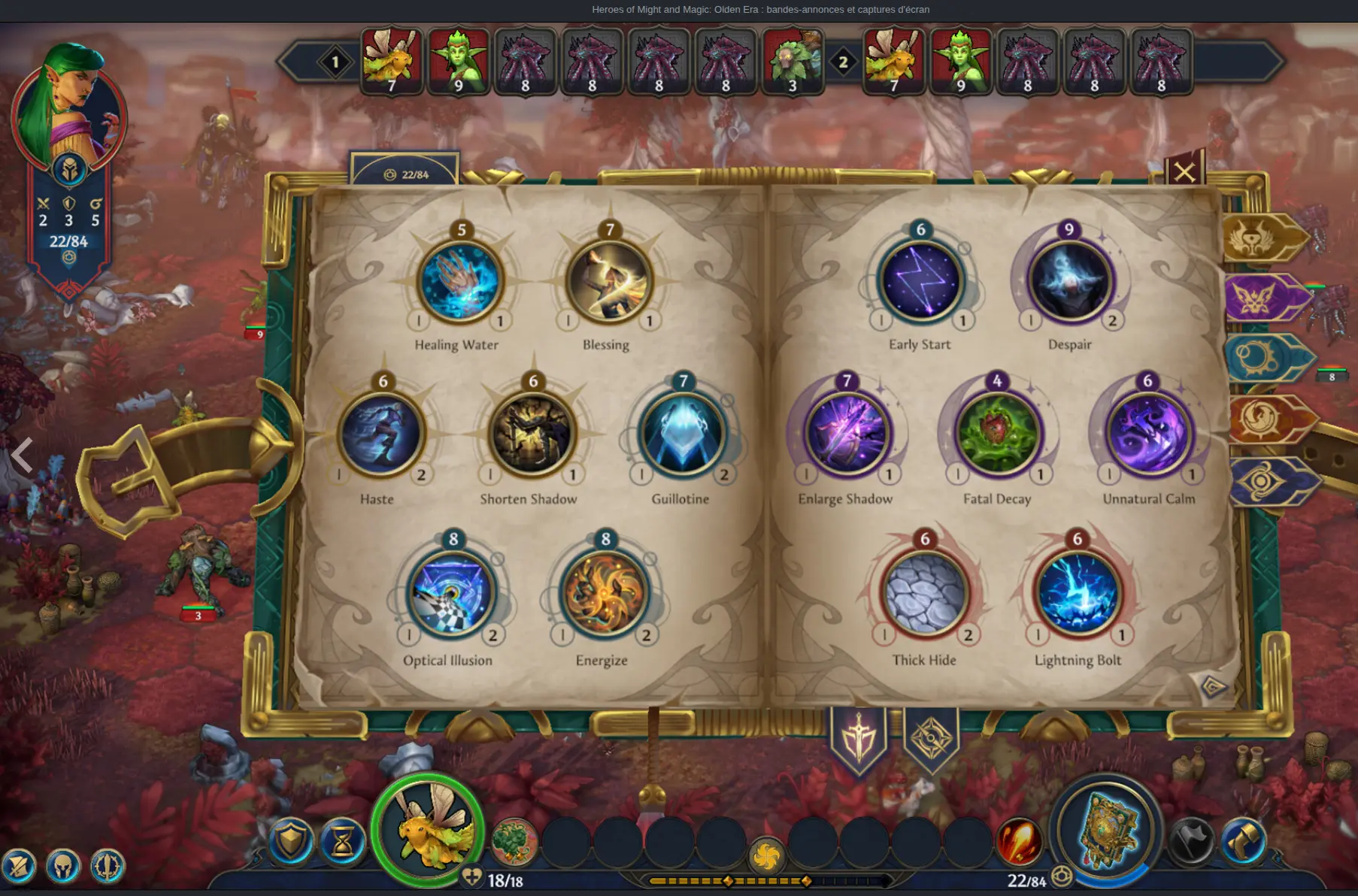 Heroes of Might and Magic Olden Era grimoire montrant la sélection de sorts de la guilde des mages