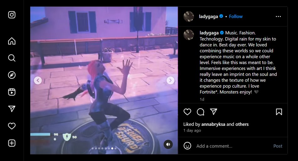 Publication de Lady Gaga sur Fortnite sur Instagram