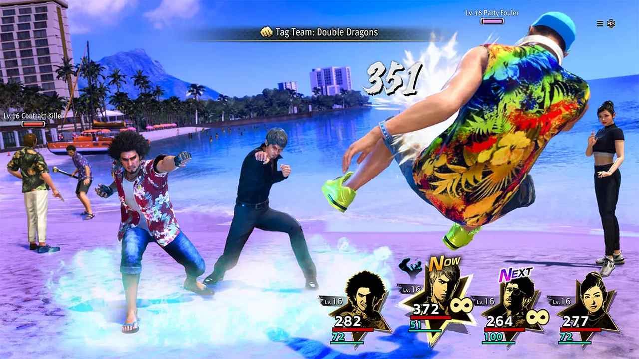 Like a Dragon: Infinite Wealth combattant Kasuga, Kiryu, Tomizawa et Fujinomiya