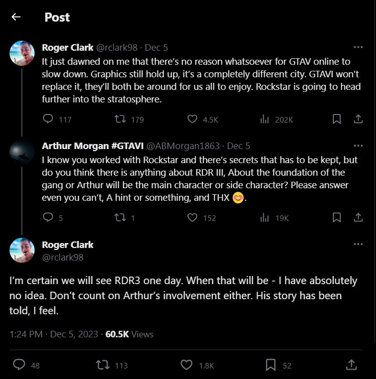 Réponse de Roger Clark sur Twitter concernant Red Dead Redemption III Réponse de Roger Clark sur Twitter concernant Red Dead Redemption III