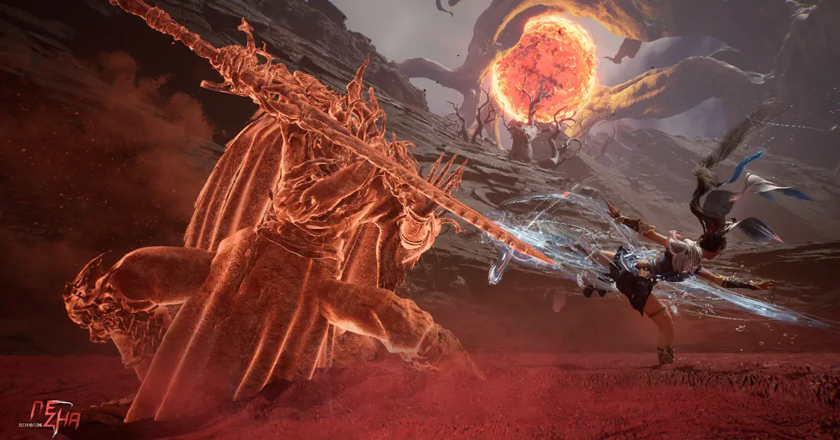 GeniGods: Nezha montrant le protagoniste face à une divinité colossale dans un paysage dévasté