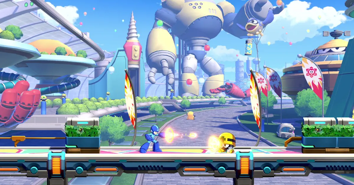 Logo officiel de Mega Man Dual Override et illustration du Blue Bomber