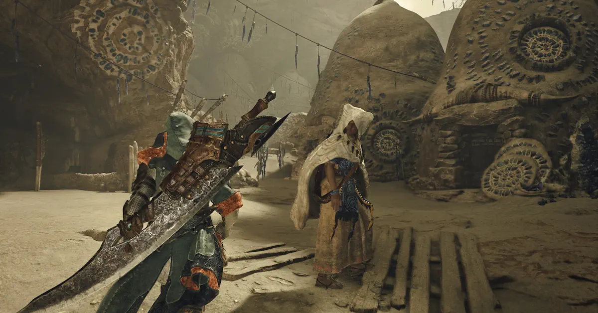 Un Chasseur de Monster Hunter Wilds faisant face à une grande bête dans un environnement luxuriant