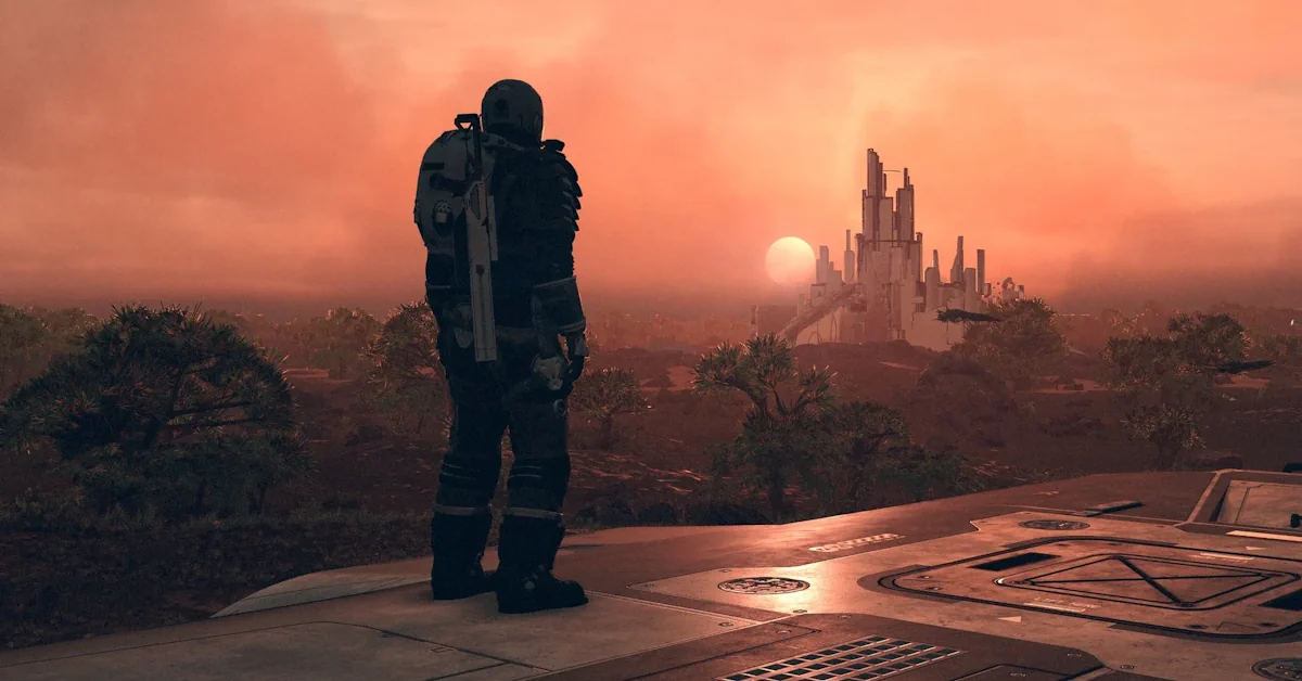 Le vaisseau Constellation Frontier survolant une planète rocheuse dans Starfield