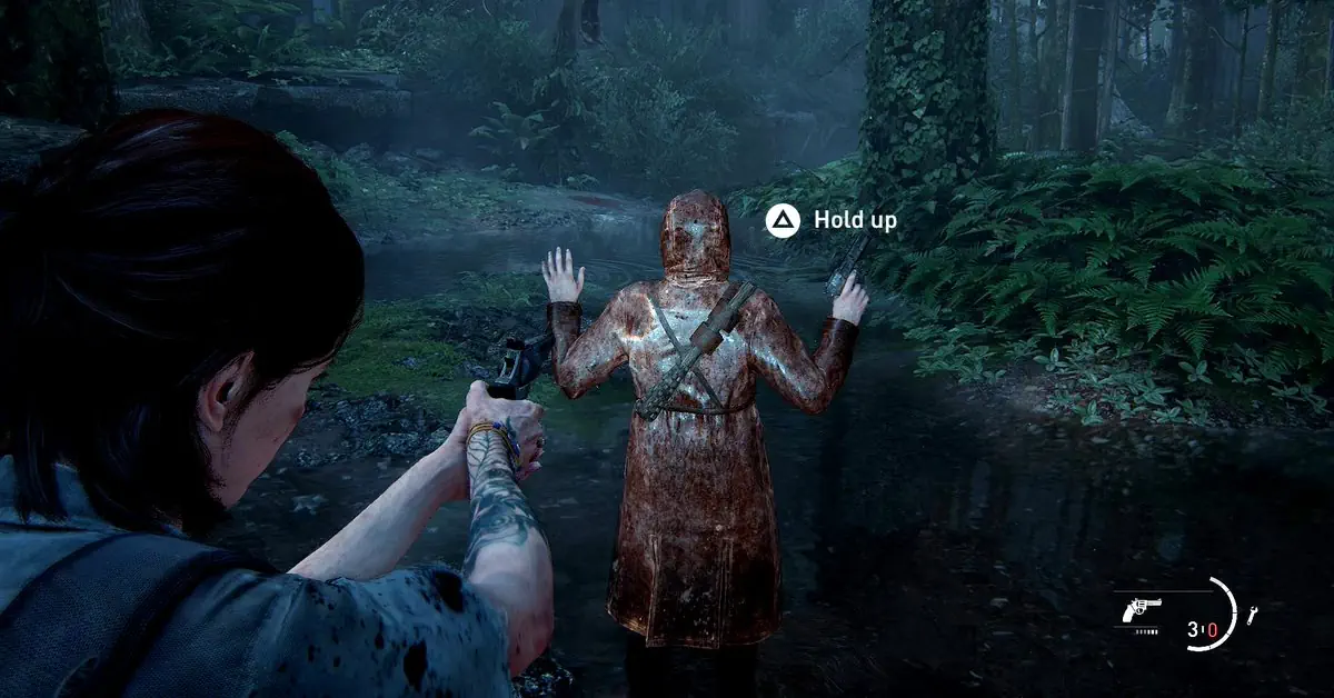 Ellie utilisant des tactiques de furtivité dans The Last of Us Part II