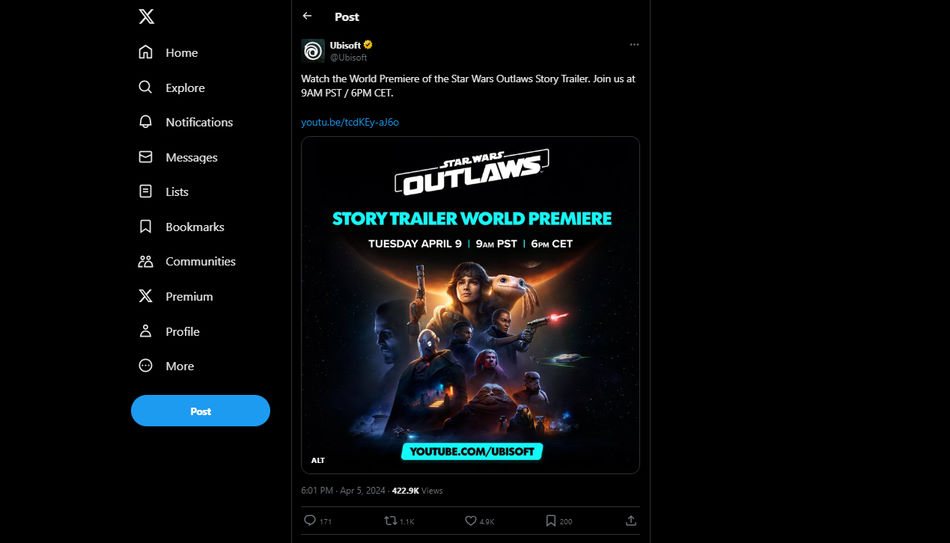 Annonce sur Twitter (X) de la bande-annonce de l'histoire de Star Wars Outlaws