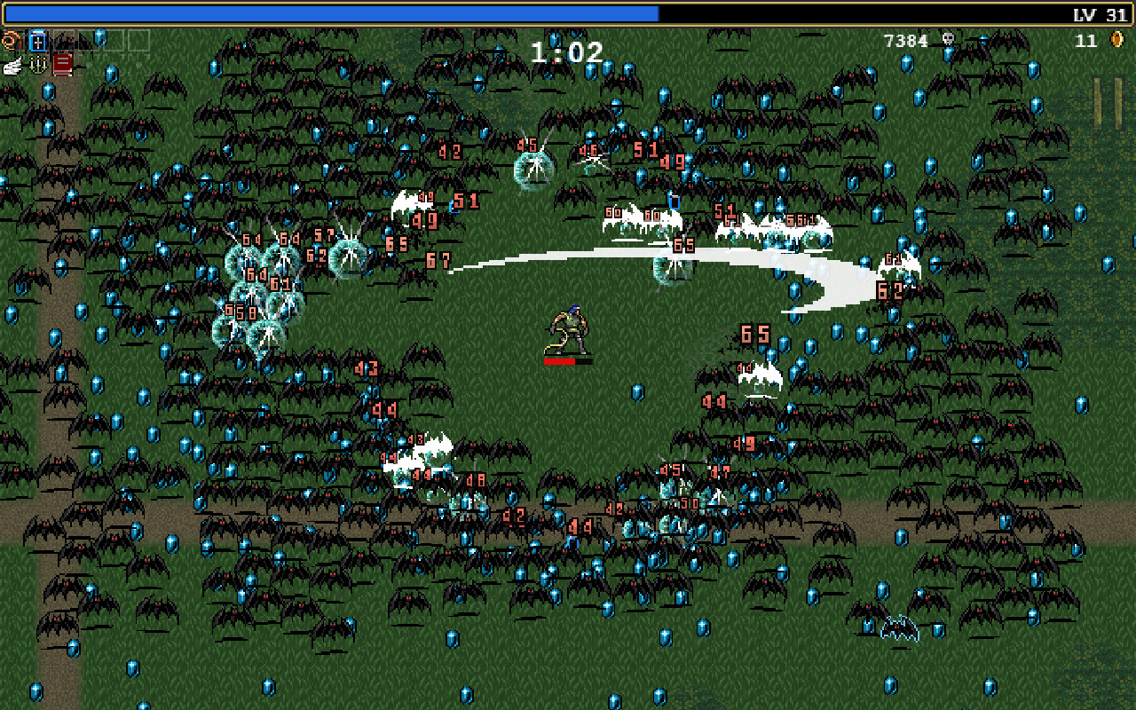 Personnage de Vampire Survivors entouré d’ennemis et de motifs de projectiles