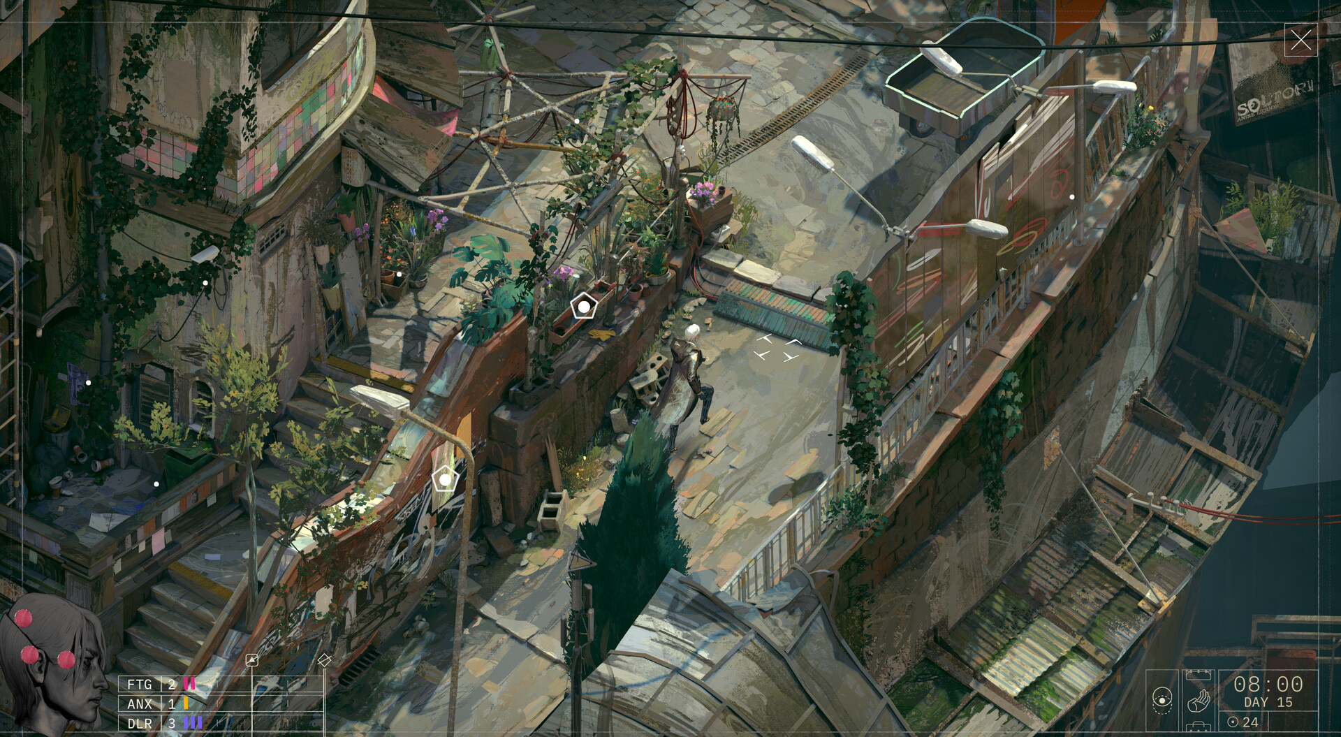 Scène de dialogue de ZERO PARADES: For Dead Spies avec ambiance de spy-RPG politique